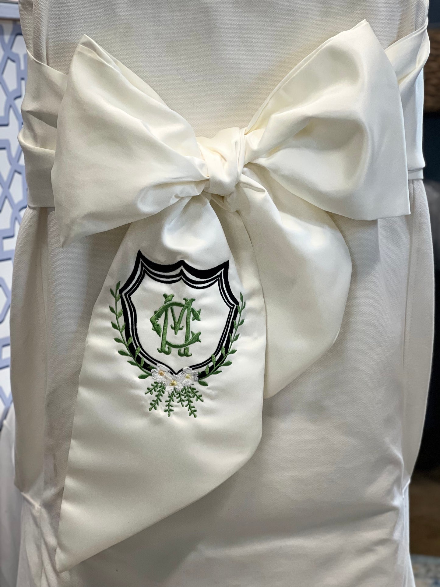 Wedding Chair Bow Sash with Monogram or Custom Crest