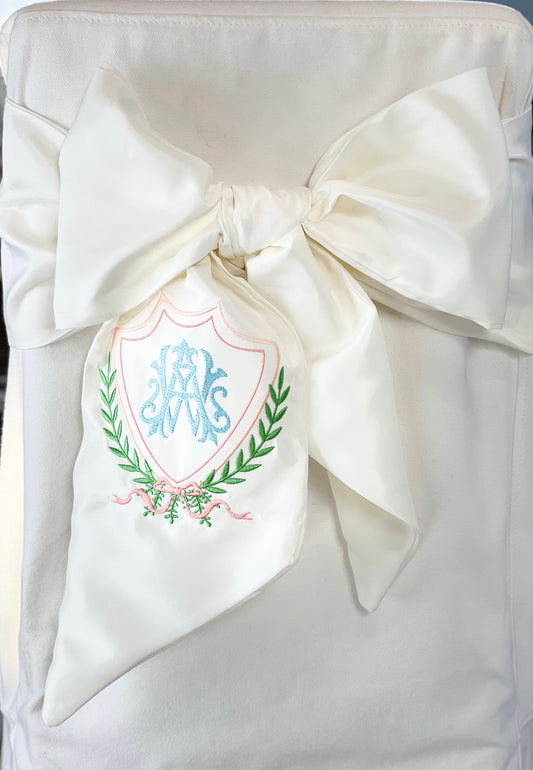 Wedding Chair Bow Sash with Monogram or Custom Crest