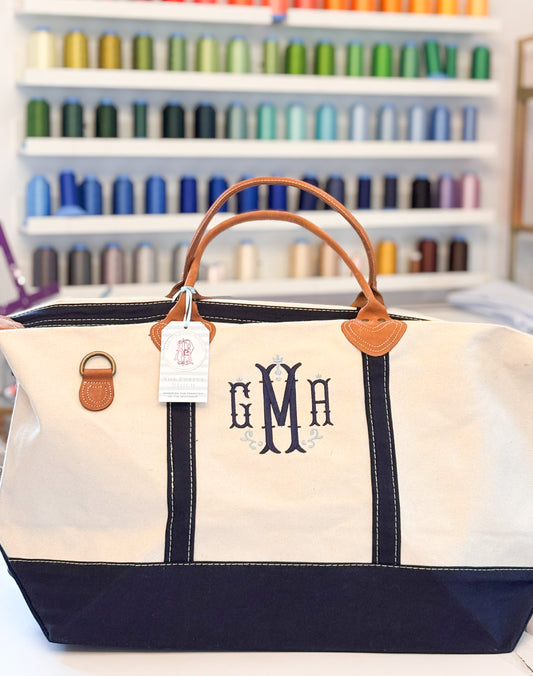 Weekender Large Canvas Travel Duffel with Leather Trim: Navy